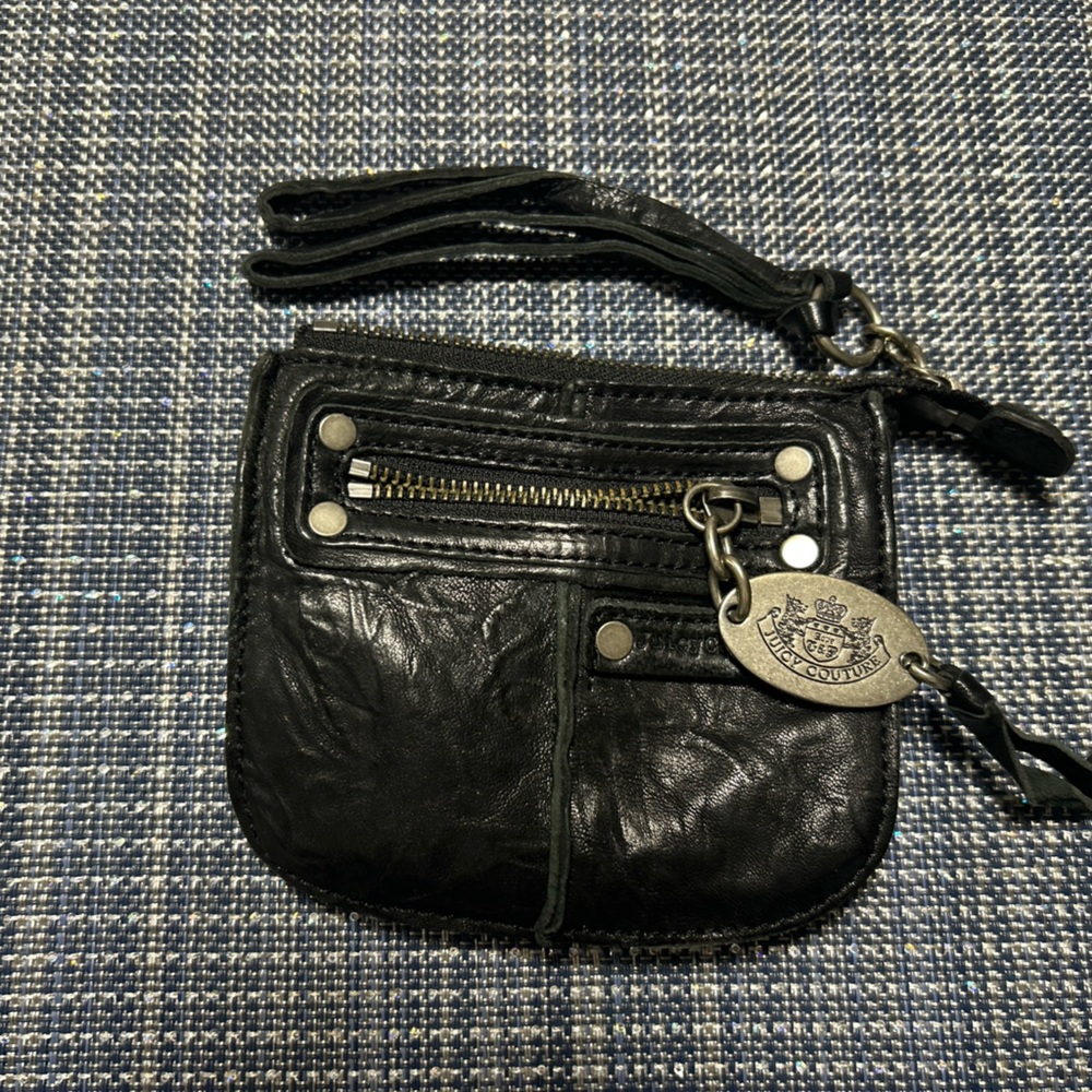 Juicy Couture Black Leather Wristlet with Logo Charm- Vintage